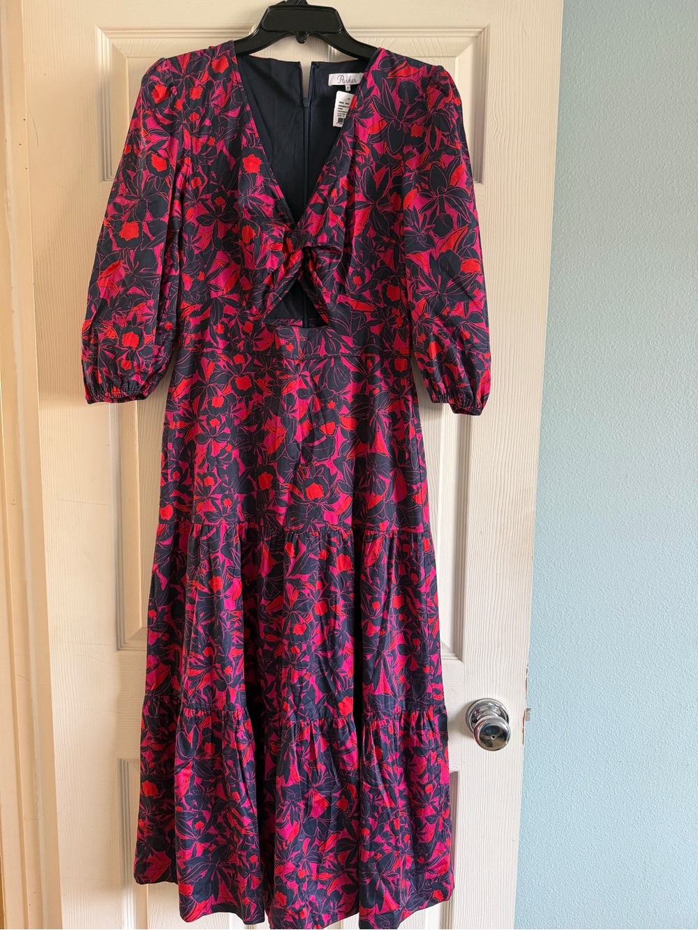 Parker Floral Twist-Front Midi Dress in Navy & Magenta -sz 8